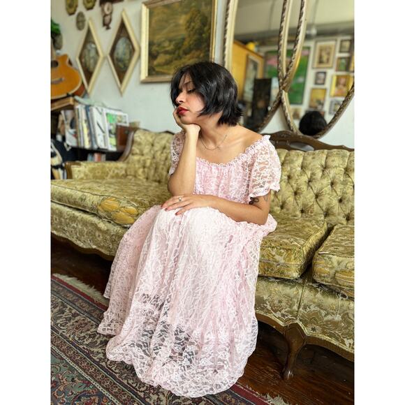 80s Pink Lace Off the Shoulder Floral Maxi Dress Size Small by Witch and Wolf - Picture 12 of 14